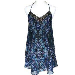 ASTR Tent Floral Mini Dress Embellished Strappy Crossback Black Blue Teal Size S